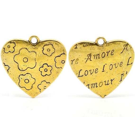 2 Large Gold Brass LOVE HEART Charm Pendants, Amore, Amour, Flowers chg0075