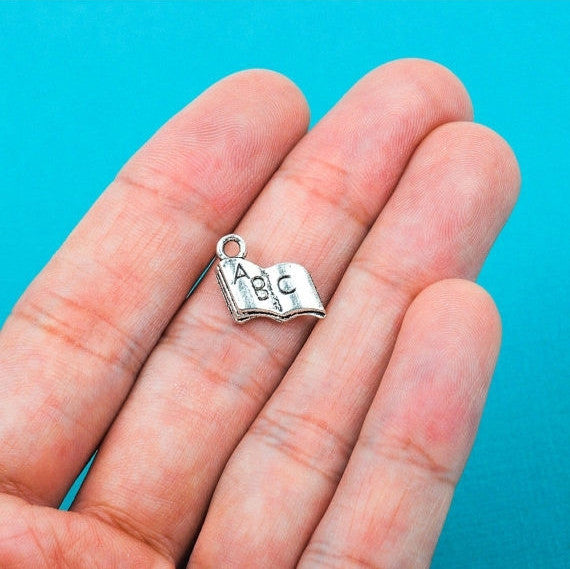 10 Silver Tone English Book Charm Pendants 17x11mm ABC Alphabet  chs0185