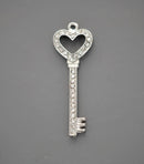 1 Large Rhinestone and Silver HEART KEY Charm Pendant, 48mm x 17mm . chs1003