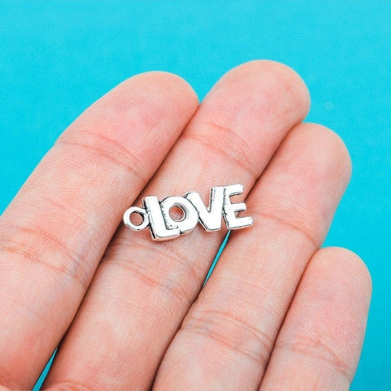 10 Stamped LOVE Tag Charm Pendants  Silver Tone Metal chs0284