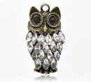 1 Large Antique Bronze Metal Rhinestone OWL Charm Pendant CHB0187