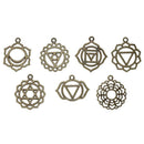 7 Bronze CHAKRA Charm Pendants set, one of each design, meditation yoga charms, 1-1/8" to 1-3/8" diameter chb0446
