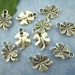 10 Antique Silver LUCKY 4-LEAF Clover Pendant Charms  15mm x 11mm . chs0753