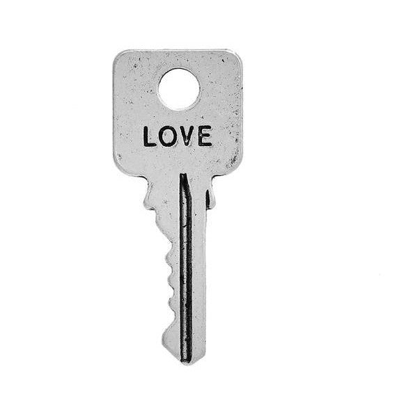 10 Silver LOVE KEY Charms, Antiqued Silver Metal with Love stamped on one side, 25x10mm, chs2703