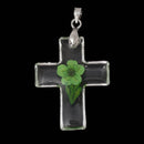 2 Acrylic Pendants, Natural REAL FLOWERS, Green with leaves, cross shape, silver bail, cha0151