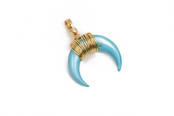 TURQUOISE BLUE Double Horn Charm Pendant, Crescent Horn, Gold Wire Wrap, Upside Down Moon, Dyed Shell, 20mm (3/4") cho0191