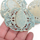 1 Large Gold Filigree Cuff Bracelet Finding, Green Verdigris Patina, Sideways Curved Connector Links, 67x51mm, (2-5/8" long) chg0595