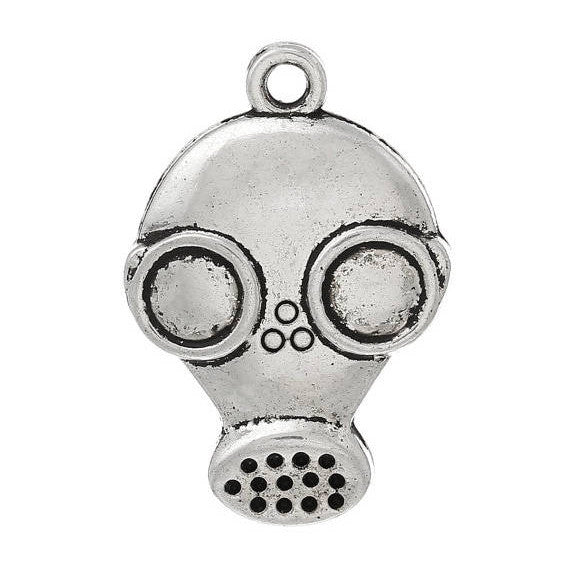 5 Antique Silver Tone Large GAS MASK Pendant Charms . chs0436