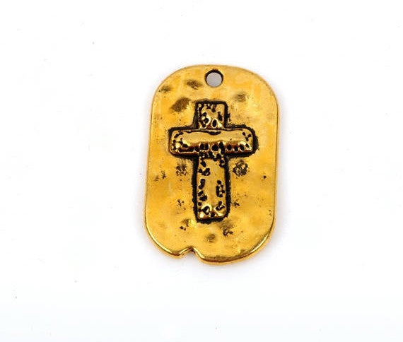 5 Gold Rustic Cross Dog Tag Charm Pendants, Metal Cross Charms, Hammered Metal, Embossed Cross, 29x18mm, chg0393