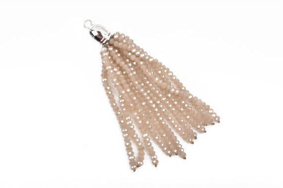 Crystal Bead Tassel Charm Pendant, IVORY CREAM crystals with Silver cap, about 3" long chs2846