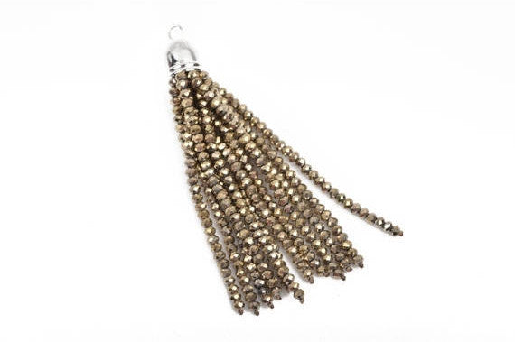 Crystal Bead Tassel Charm Pendant, METALLIC GOLD crystals with Silver cap, about 3" long chs2838