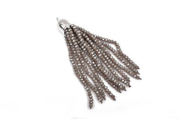 Crystal Bead Tassel Charm Pendant, GREY crystals with SILVER cap, about 3" long chs2847