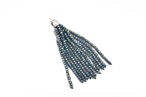 Crystal Bead Tassel Charm Pendant, GREY AB crystals with Silver cap, about 3" long chs2842