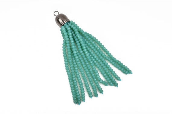 Crystal Bead Tassel Charm Pendant, TURQUOISE crystals with GUNMETAL cap, about 3" long cho0199