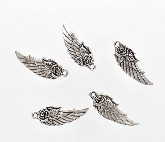 10 Silver Tone Pewter ROSE WING Charm Pendants chs0985