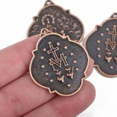 4 Copper Relic Charm Pendants, religious medal coin charms, copper plated metal, double sided design, 40x34mm, chc0079