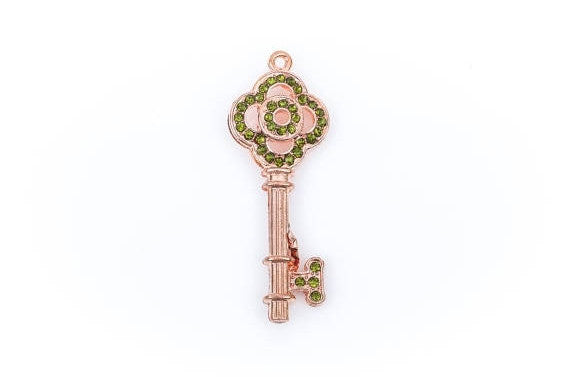1 PERIDOT GREEN Rhinestone Bright Copper Key Charm Pendants, 48mm x 18mm  chc0026