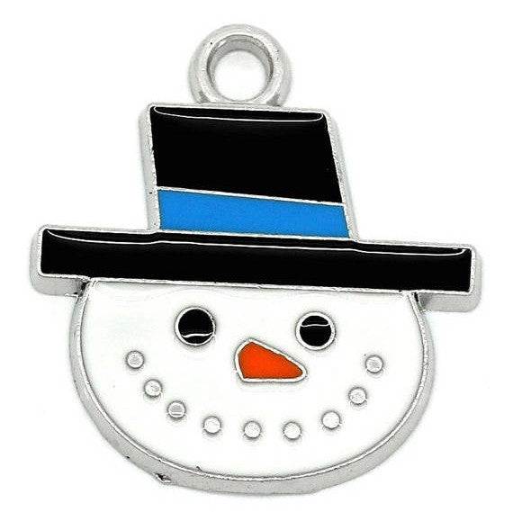 2 Silver Enamel SNOWMAN HEAD Christmas Charms Pendants che0224