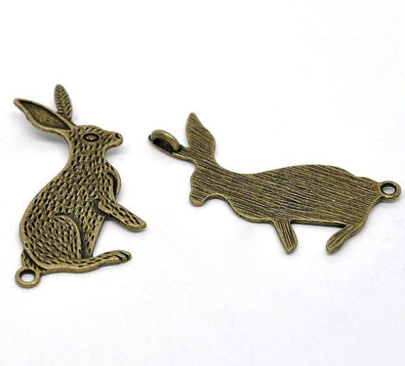 4 Antique Bronze Tone Metal LARGE BUNNY Rabbit Charm Pendants . 2-hole connectors  chb0241