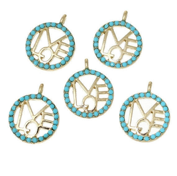 5 Gold Plated LOVE Charms, ringed in Turquoise Blue resin, Love circle charms, Love Pendants, cut out design, chg0372