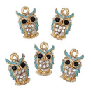 5 TURQUOISE BLUE Owl Charm Pendants, gold plated, with rhinestones, 15mm x 9mm, chg0371