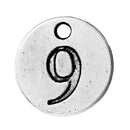 10 Number 9 (nine) Antique Silver Carved Circle Disc Charm Pendant .  chs2276