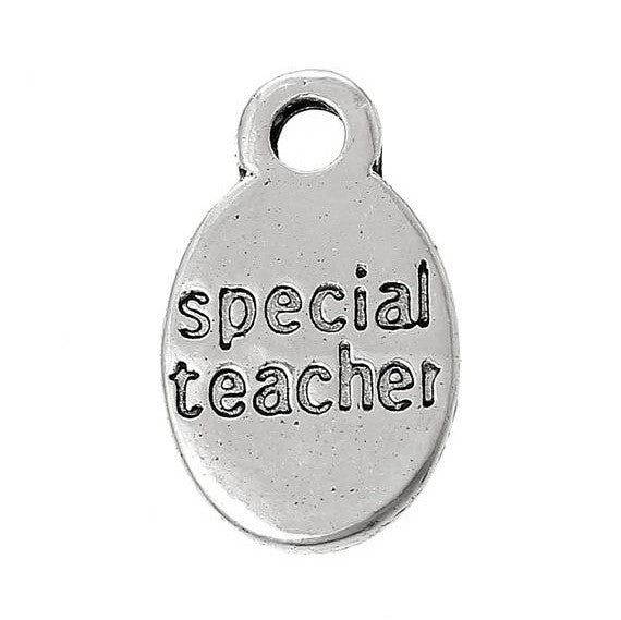 10 Oval SPECIAL TEACHER Pewter Charm Pendants, Stamped Words charm chs2185