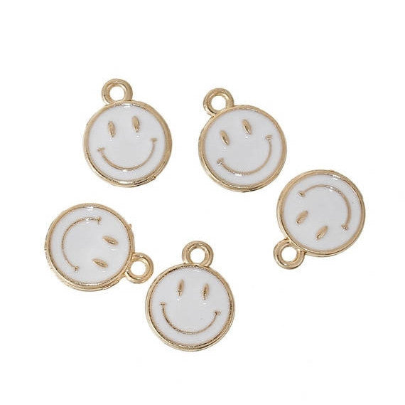 5 HAPPY FACE Charms or Pendants, Gold Plated with enamel, 5/8" chg0429