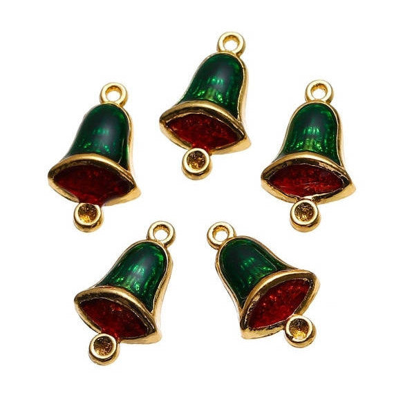 5 RED and GREEN Bells Christmas Charms or Pendants, Gold Plated with enamel, 7/8" chg0431