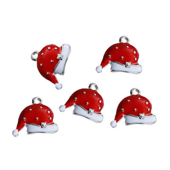 5 CHRISTMAS SANTA Hat Charms or Pendants, Silver Plated with enamel, 5/8" che0527