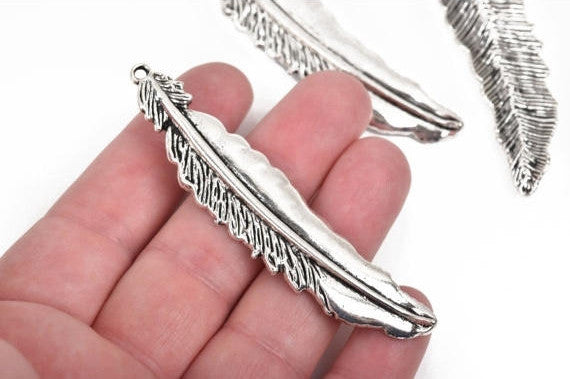 5 Silver FEATHER Charms, Silver oxidized charms, 77x16mm, 3" long chs2850
