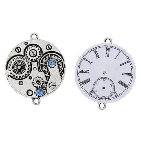 2 Steampunk Watch Face Charm Connector Links, Blue Crystal Rhinestones, 1-3/8" diameter chs1735