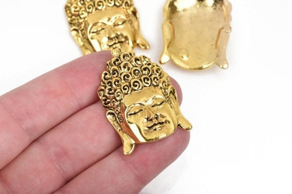 2 BUDDHA HEAD charm pendants, antiqued gold metal, religious icon, 38x27mm, chg0604