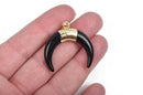 BLACK Double Horn Pendant, Crescent Horn, Black Horns, Gold Plated Bail Pendant, Upside Down Moon, 34mm (1-3/8") cho0213