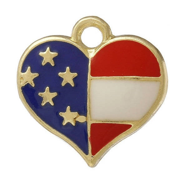 10 Gold Plated USA FLAG Heart Charms, red white blue enamel, 17mm, chg0531