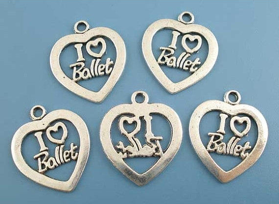 10 Silver Tone Metal I LOVE Ballet Heart Charm Pendants . chs0362