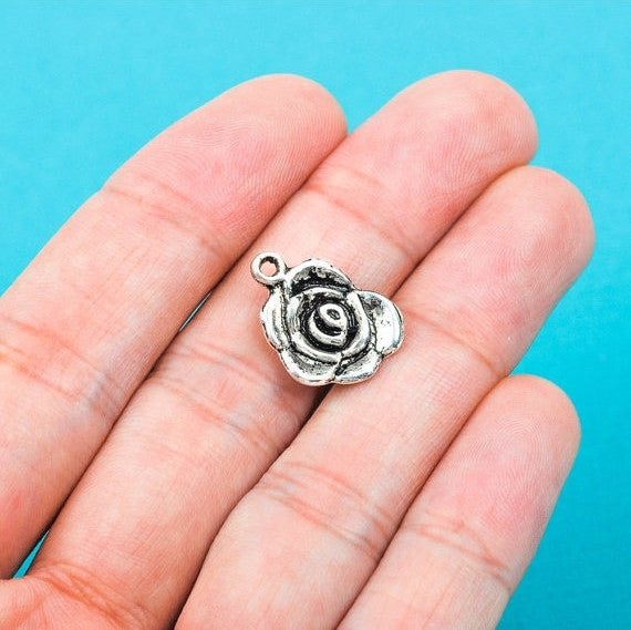 10 Silver Tone ROSE Flower Charm Pendants chs0232