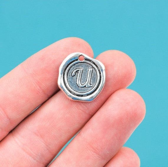 6 Letter U Wax Seal Charms, Monogram Initial Alphabet Stamped, antique silver metal,  18mm, 3/4" diameter chs1940