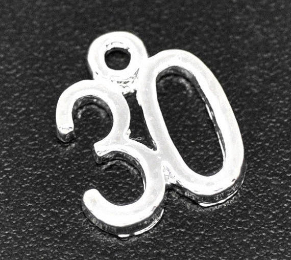 6 Number 30 Charms, Silver Plated Pendants, number thirty, chs2318