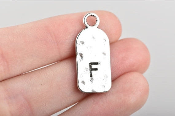 5 Letter F Monogram Initial Letter Stamped Rectangle Tag Charms, Hammered Antiqued Silver Tone Metal, 27x12mm, chs2604
