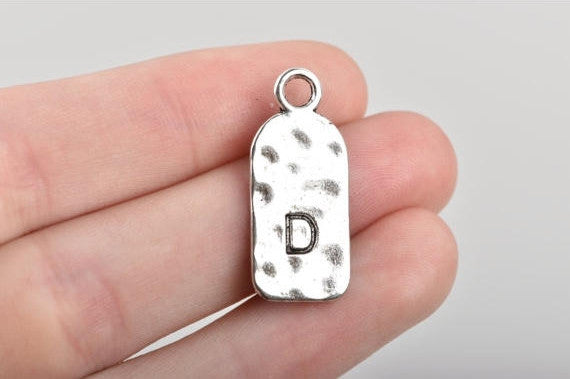 5 Letter D Monogram Initial Letter Stamped Rectangle Tag Charms, Hammered Antiqued Silver Tone Metal, 27x12mm, chs2602