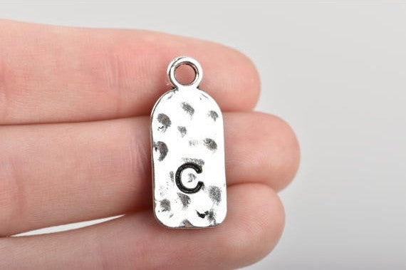 5 Letter C Monogram Initial Letter Stamped Rectangle Tag Charms, Hammered Antiqued Silver Tone Metal, 27x12mm, chs2601