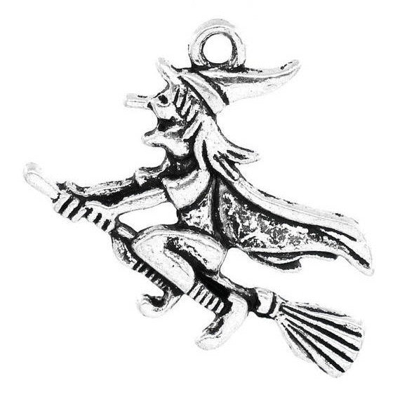4 Large Antique Tibetan Silver Charm Pendants . FLYING WITCH for Halloween . 37mm x 29mm chs0651