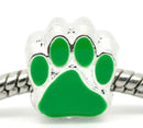 2 Silver Metal and Enamel GREEN PAW Print Charm European Bead for large hole European chains  bme0237