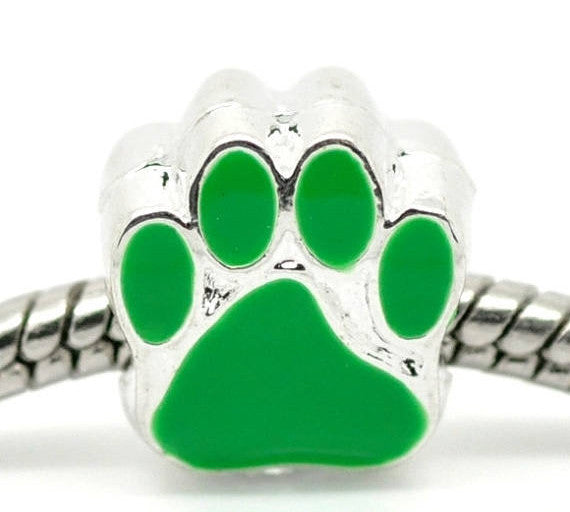 2 Silver Metal and Enamel GREEN PAW Print Charm European Bead for large hole European chains  bme0237