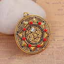 3 Gold Tone SUN FACE Charms Pendant with clear rhinestone and siam red accents, carved engraved design, 30mm, chg0555