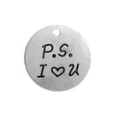 5 P.S. I Love You Charm Pendants, Romantic Silver Circle Disc Charms, silver tone metal, 30mm, chs2748