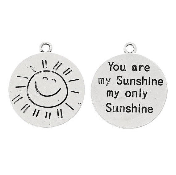 4 Antique Silver Tone Stamped " You Are My Sunshine " Double Sided Charm Pendants chs1586