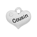 1 Antique Silver Rhinestone "COUSIN" Heart Charm Pendant 16x14mm  chs1540A