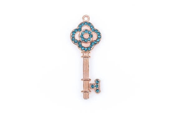 1 TURQUOISE BLUE Rhinestone Bright Copper Key Charm Pendants, 48mm x 18mm  chc0025